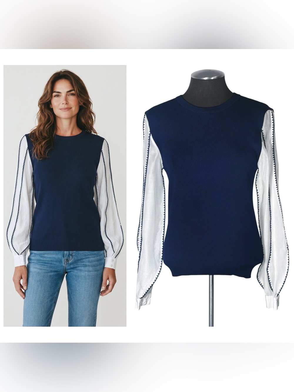 Gracia – Navy and White Contrasting Puff Sleeve Knit Top – Nordstrom – Small
